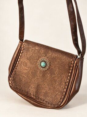 Canyon Sky Brown Embossed Crossbody Bag Western Turquoise Concho Purse Boho
